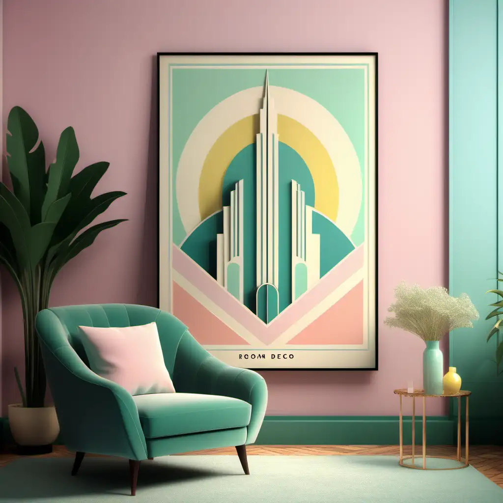 create a poster in art vintage deco style of a minimalis living room, soft palette pastel color, green, yellow, pink, white, blue, masterpiece, best quality