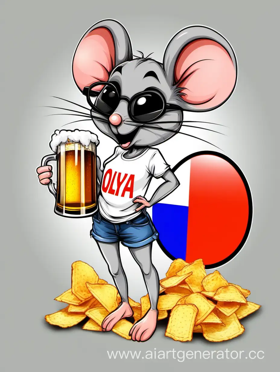 Мышь-девочка в футболке с надписью Olya. В алкогольном опьянении. Флаг России. Флаг Нидерландов. Чипсы. Пиво.