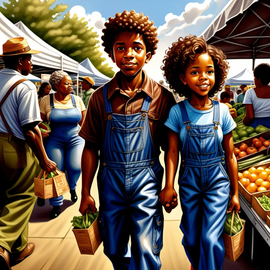 Ernie Barnes style cartoon 10 year old african american boy with curly hair wearing brown overalls and a blue shirt walking with his parents at the farmer's market