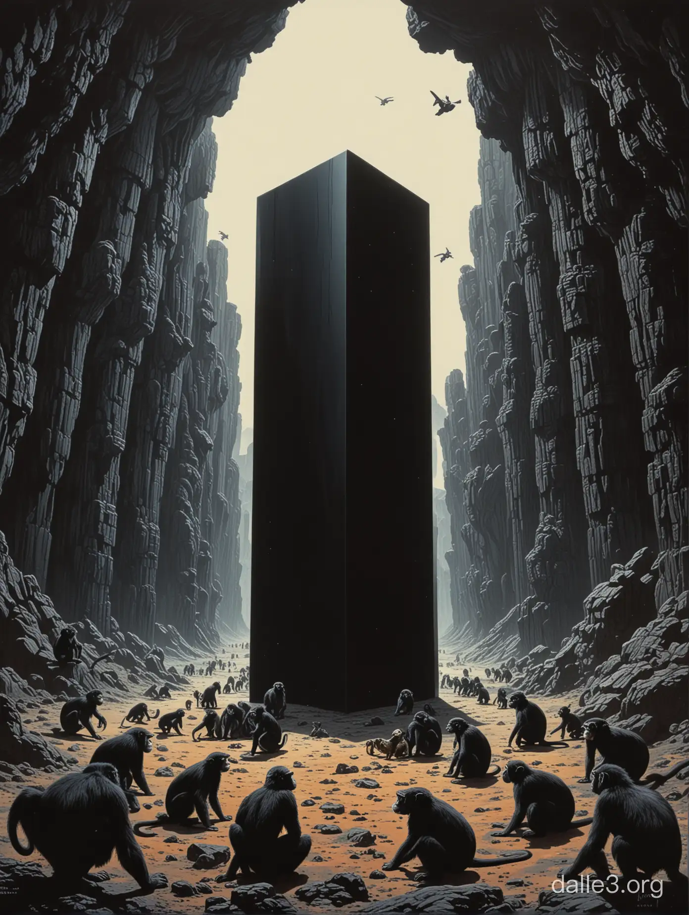 2001 space odyssey, black monolith surrounded by a monkeys, print, retrofuturism