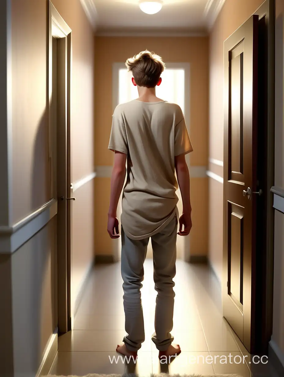 Young man, 18 years old, in loose clothing, stands with his back full-length in a hallway during the day and looks around. The pensive young man is trying to choose which door to enter.