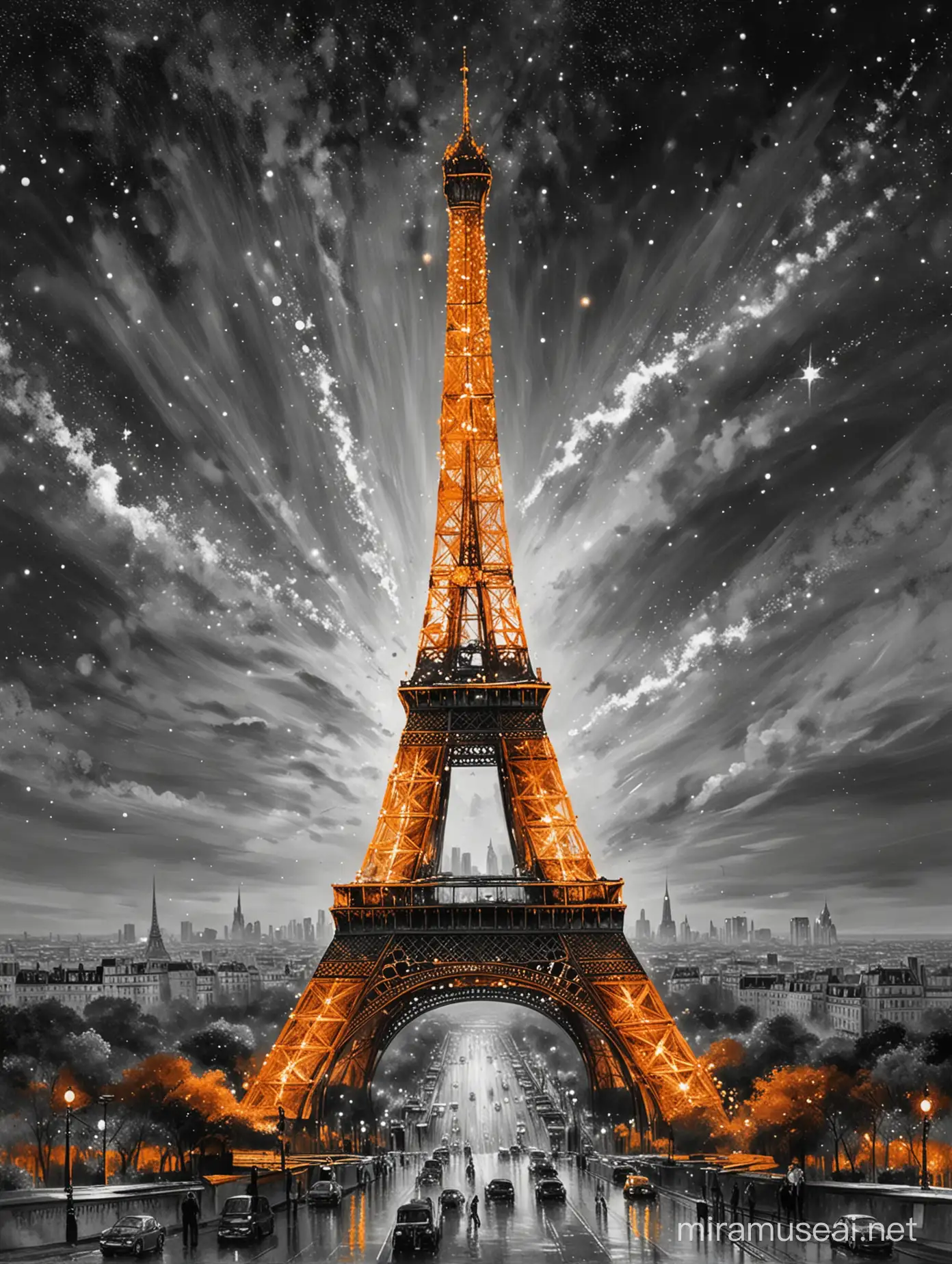 Radiant Parisian Night Eiffel Tower in Orange with Sparkles