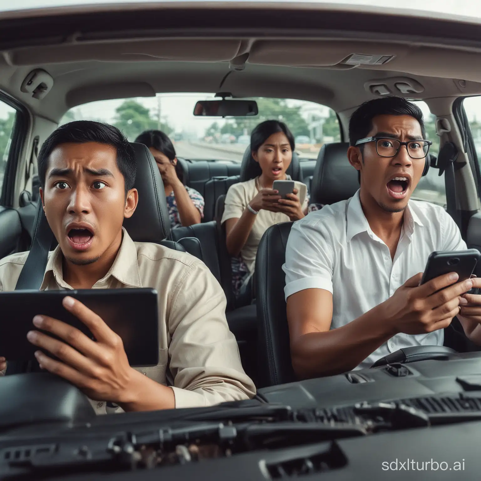 Create a hyper realistic image from the prompt below Indonesian people who are driving cars are stopping with shocked faces while reading their smartphones