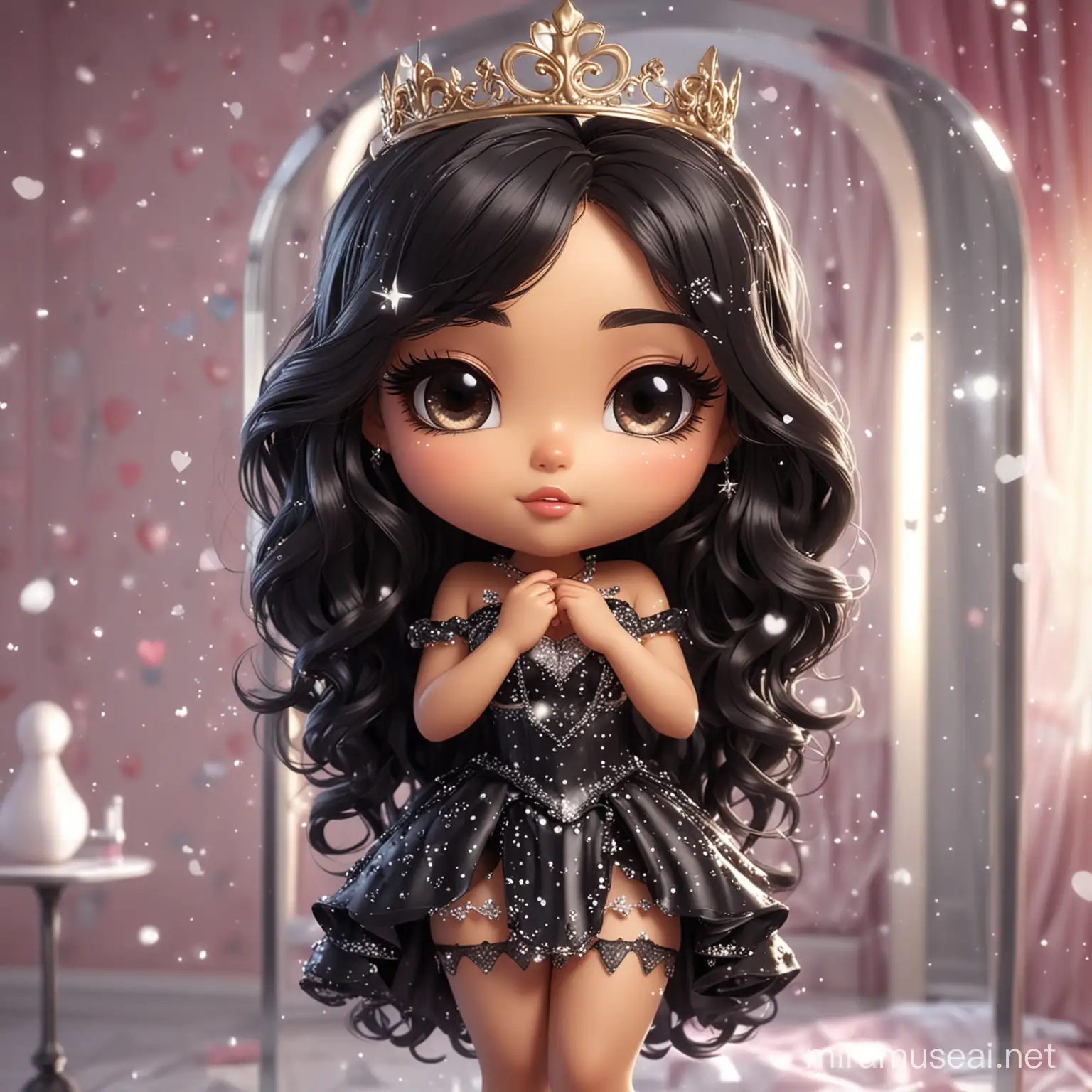 Latina chibi female wearing immaculate makeup in a gorgeous sexy dress with split. Her wavy, long, black hair has highlights. She's looking into a mirror and her reflection has a crown on background with sparkling hearts