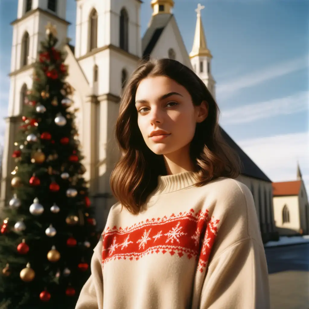 Brunette Model Standing in Festive Atmosphere of ChristmasAdorned Church