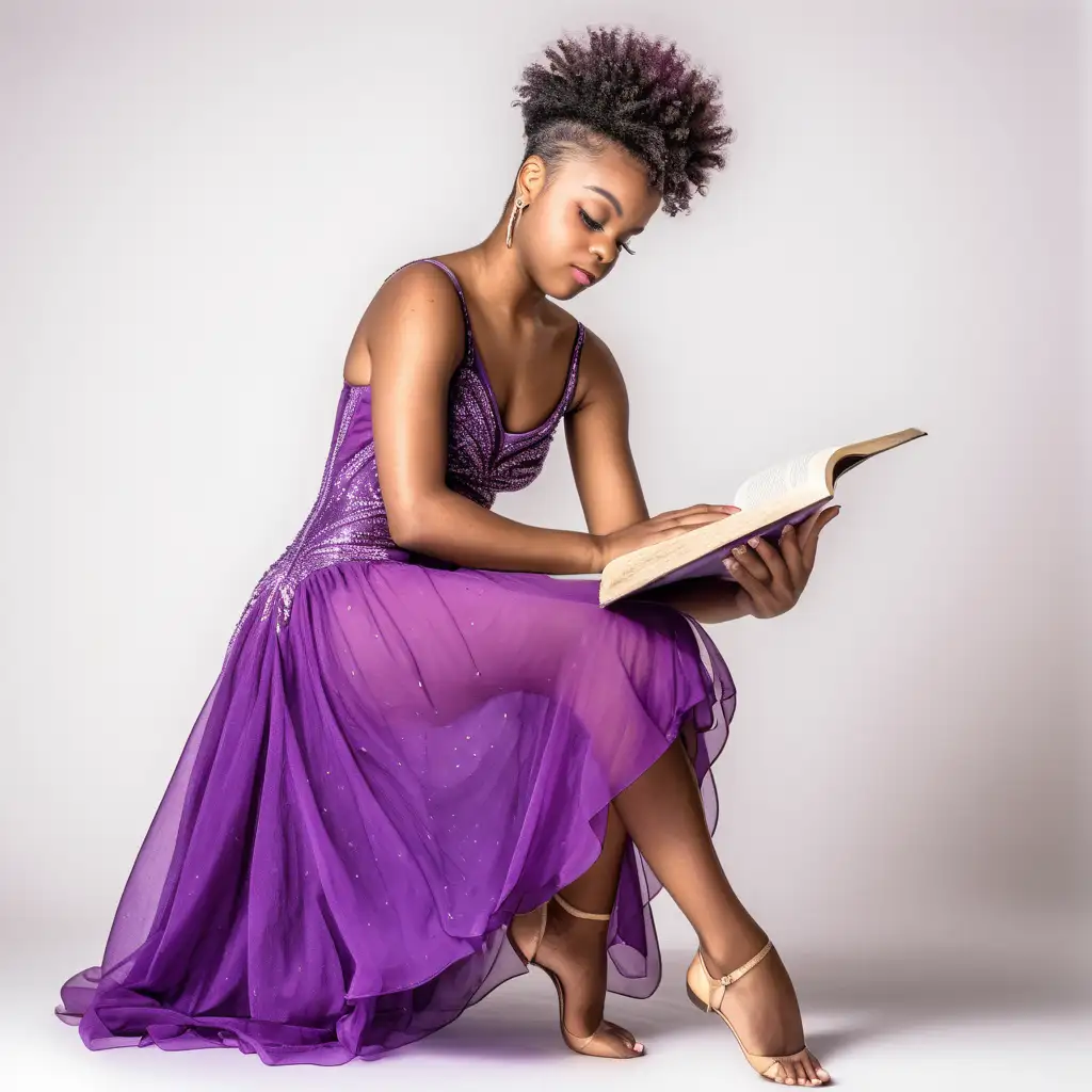 Elegant Black Woman in Purple Party Dress Reading and Relaxing