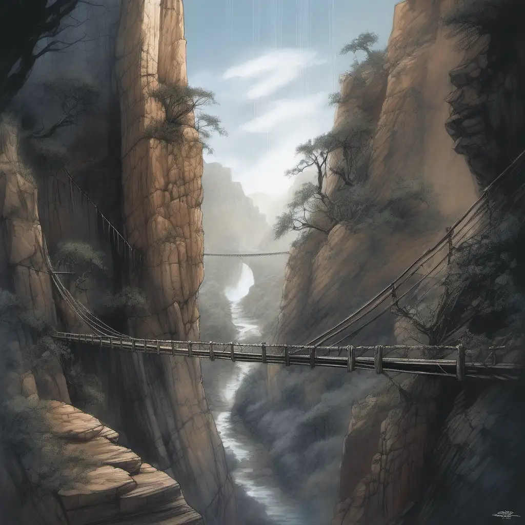Ethereal Canyon Oasis Vibrant Vegetation and Wooden Suspension Bridge