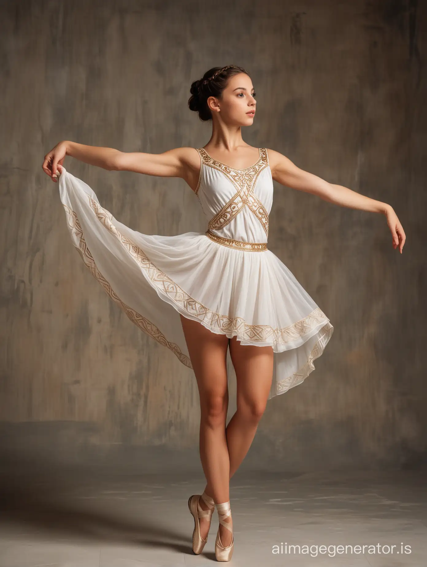 incredibly beautiful young ballerina in ancient greek tunica