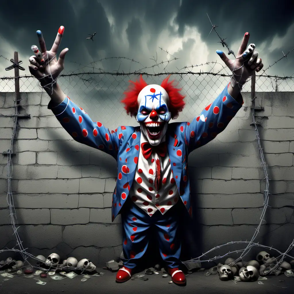 Clowns, skull, liberal,walls with barbed wire, cash and freedom 