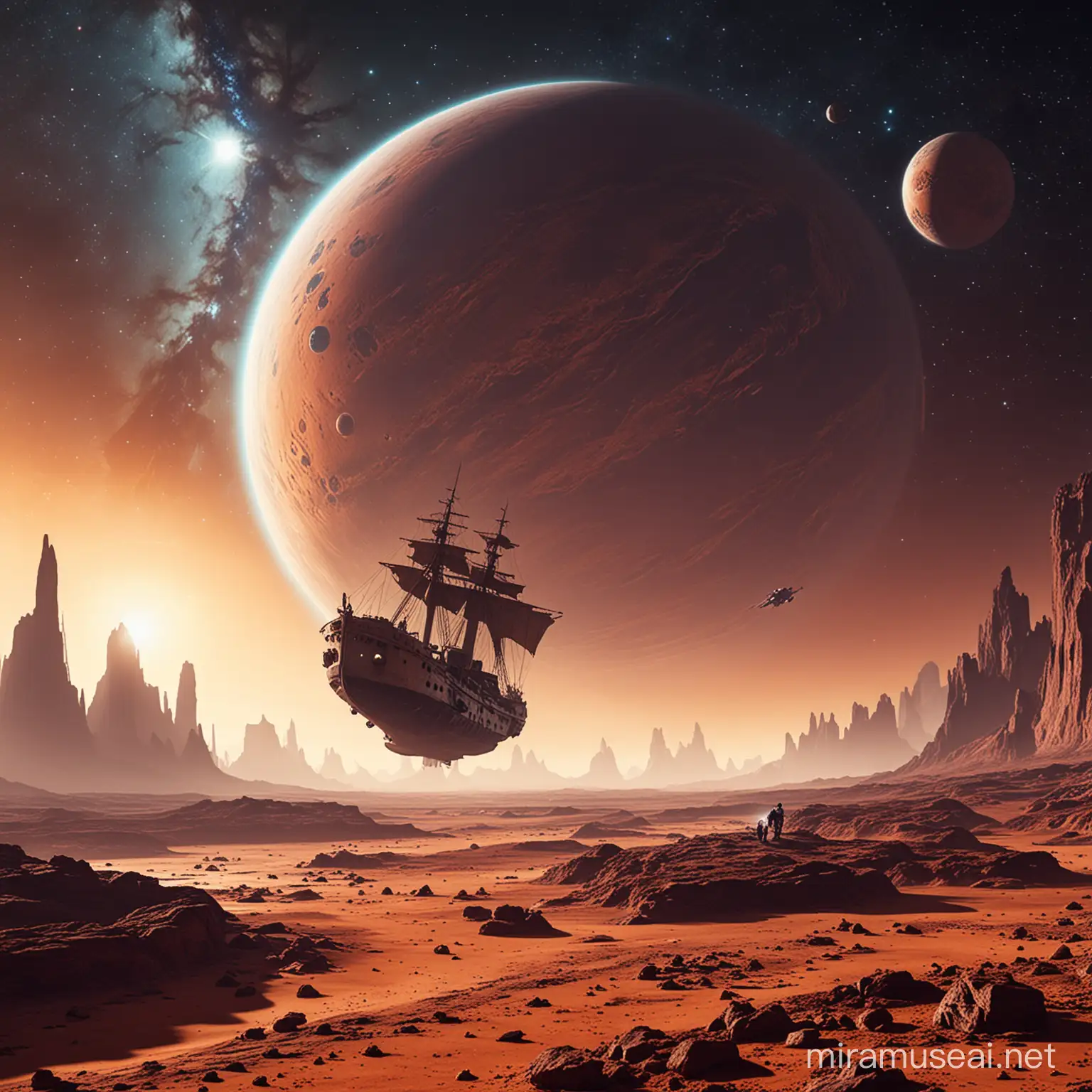  a ship landing on a strange planet

