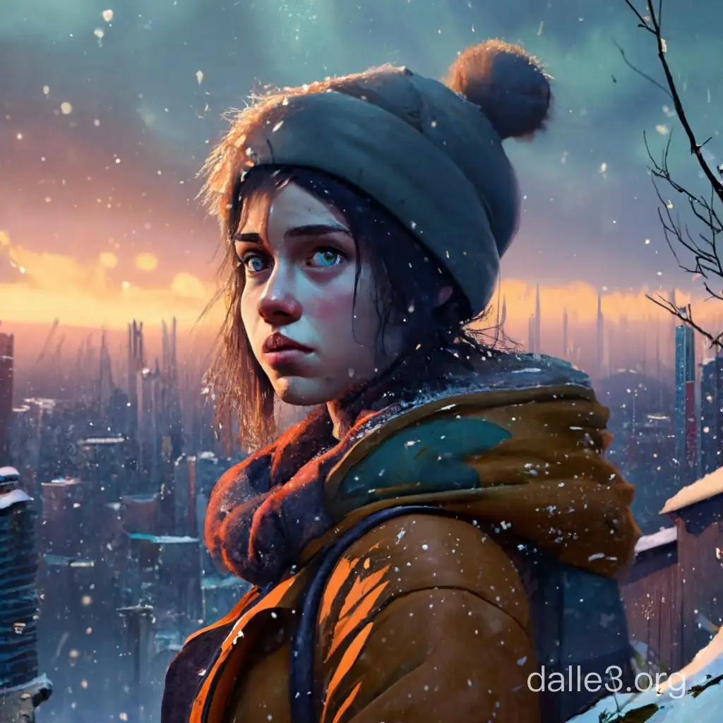 16 year old Ellie, in a winter overgrown post-apocalyptic world, snow falling on her, looking at the city from a hill