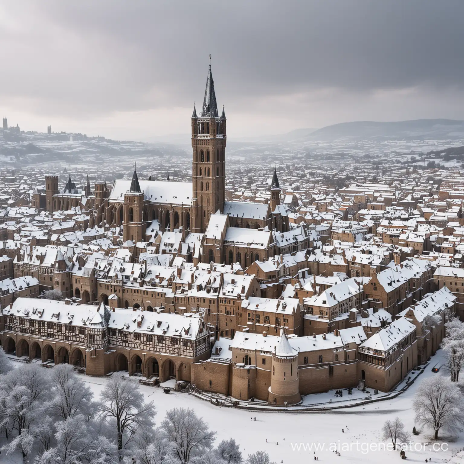 Средневековый большой город с готической архитектурой, покрытый снегом