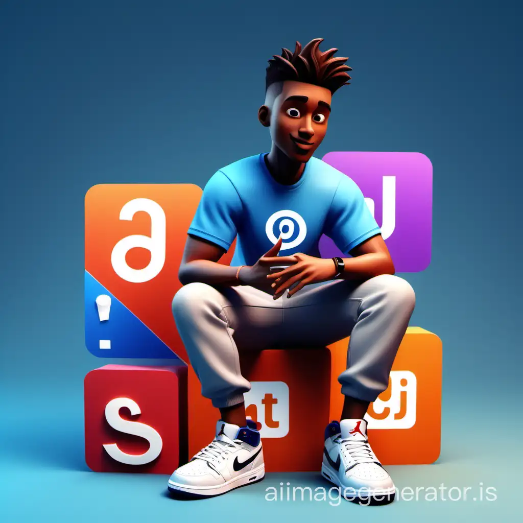 Create a 3D illustration of an animated male character sitting casually on top of a social media logo "Instagram ". The male character must wear casual Air Jordan Brand clothing such as sport pants, t-shirt and sneakers shoes. The background of the image is a social media profile page with a user name "_b.a.yu_" and a profile picture that matches the animated character. Make sure the text is not misspelled.