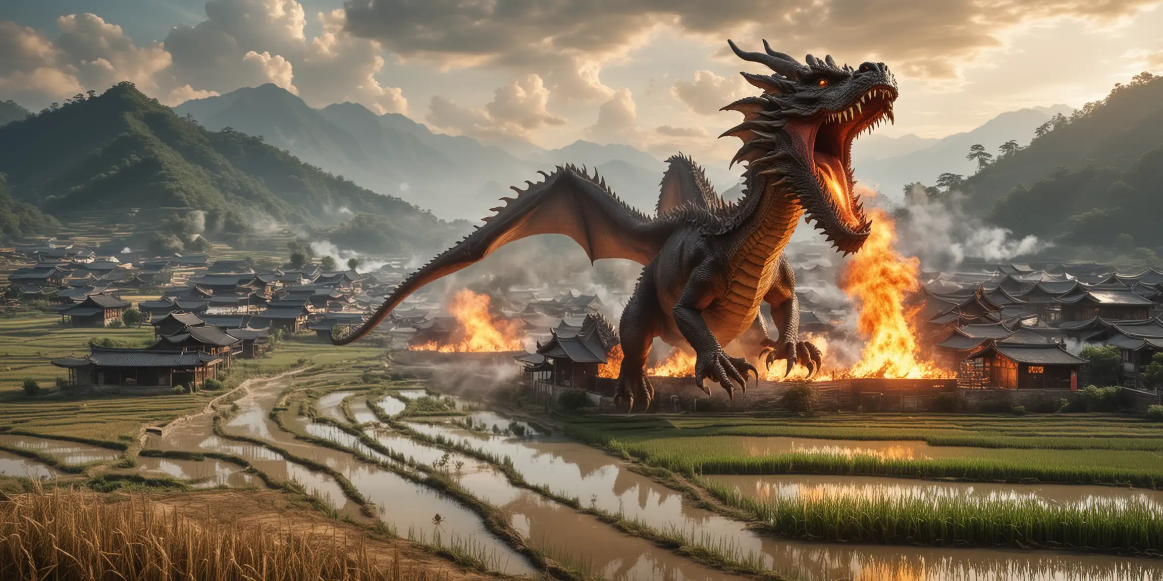 un dragon cracheur de feu attaque un village chinois bordé de rizières, décor montagnes chinoises, photographie, réaliste