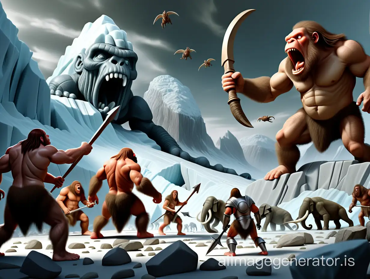 The battle of Neanderthals with aliens and knights against the backdrop of glaciers and mammoths
