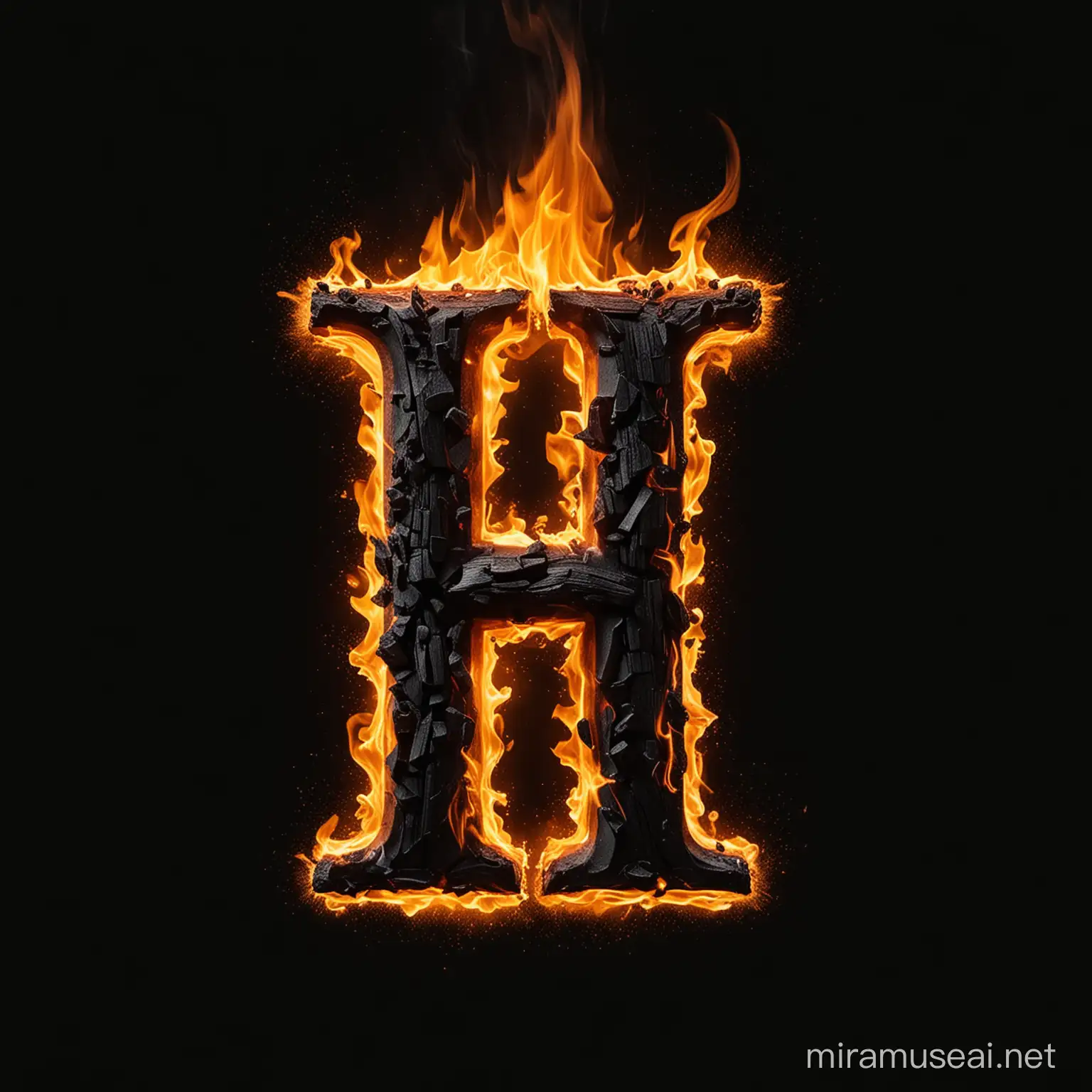 The capital letter H on fire with a black background