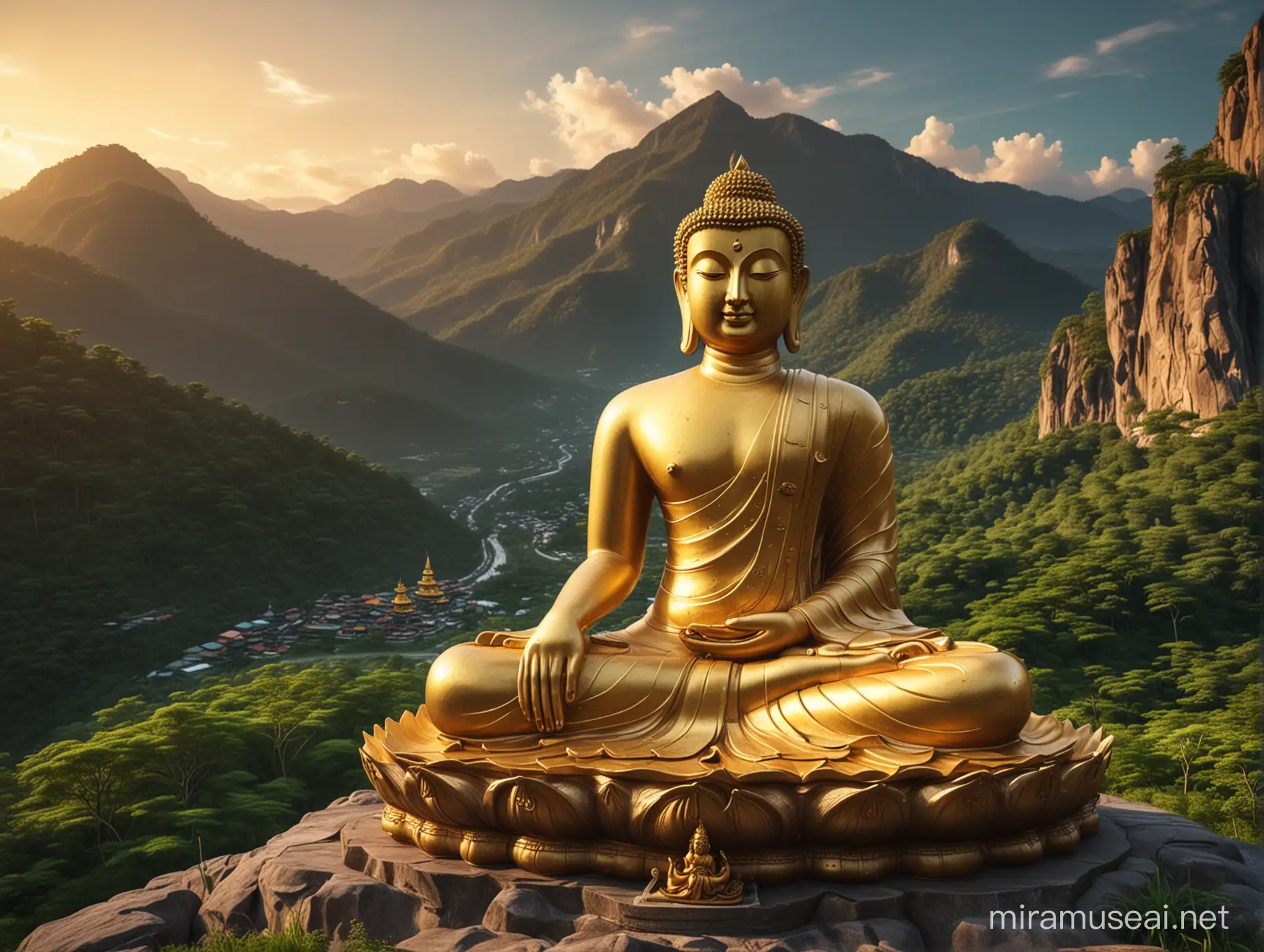 A beautiful big gold Buddha in the posture of concentration sits a green mountain, wide angle, glowing Fantasy lighting, 4K images