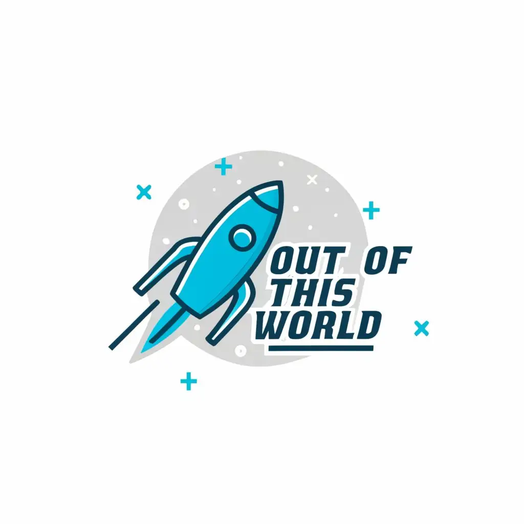 a logo design,with the text 	"Out 
of 
this 
World", main symbol:blue rocket ship shooting upward
white background
futuristic font,complex,to be used in Events industry,clear background
