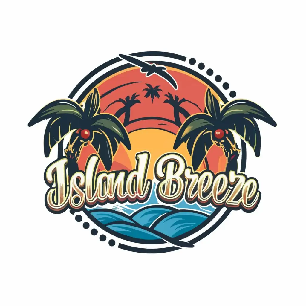 a logo design,with the only text 'Island Breeze', main symbol:Hawaii sunset sea palmtrees, only letters,complex,be used in Travel industry,clear background