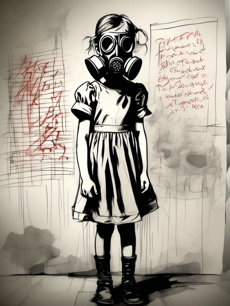 Little girl with Gas mask wearing dress holding a pen with black and red writing on the wall sketch