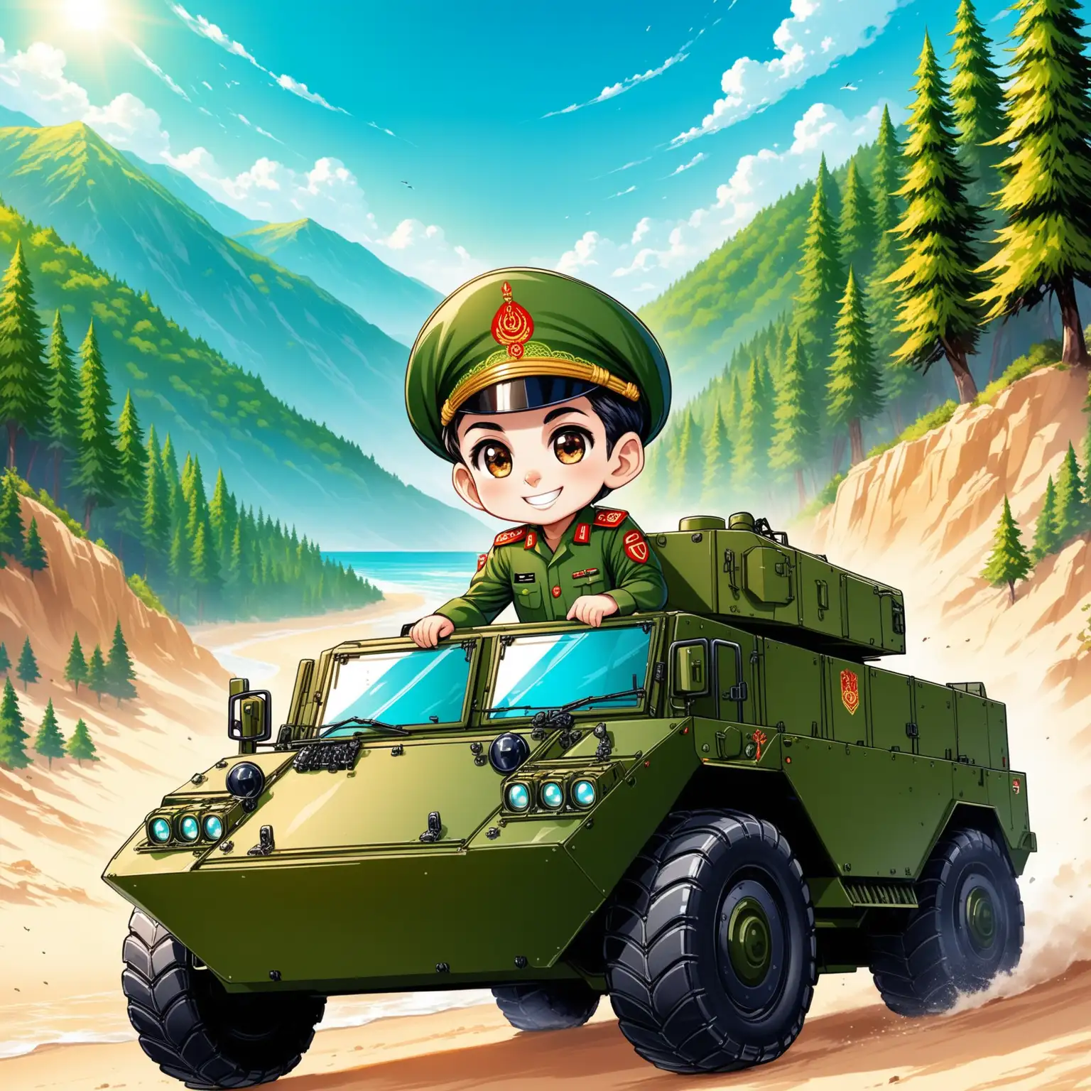 Character Persian 9 years old boy(racing military vehicle on mountain, smaller eyes, bigger nose, white skin, cute, smiling, clothes full of Persian designs, heavenly and warrior boy, IRGC commander).

Atmosphere modern super high-tech military vehicles around at a fantastic beach, forest.