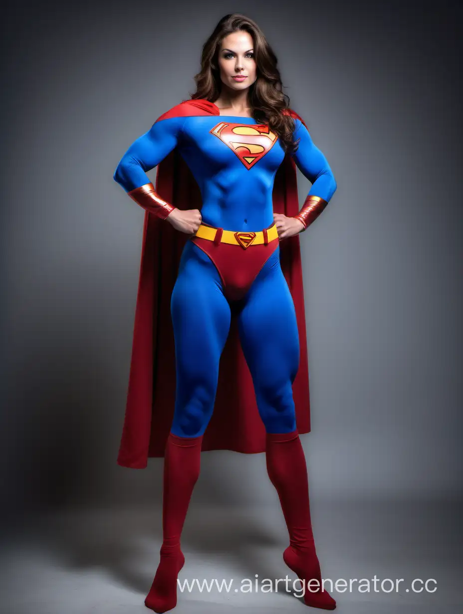 A pretty woman with brown hair, age 26, She is confident and strong. She is extremely muscular. Her arm muscles are over overdeveloped. Her leg muscles are over overdeveloped. Her chest muscles are over overdeveloped. Her abdominal muscles are over overdeveloped. She is wearing a Superman costume with (blue leggings), (long blue sleeves), red briefs, and a long flowing cape. She is posed like a superhero, strong and powerful. Enormous muscles expand beneath her costume. Bright photo studio  