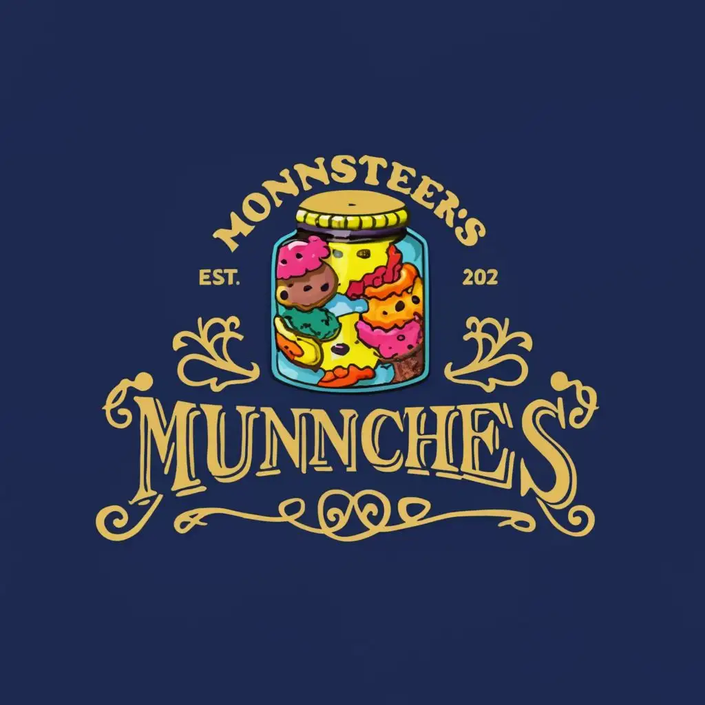 LOGO-Design-For-Monnsters-Munnchies-Funky-Gold-Font-with-Glass-Jar-of-Mixed-Cookies-on-Blue-Background