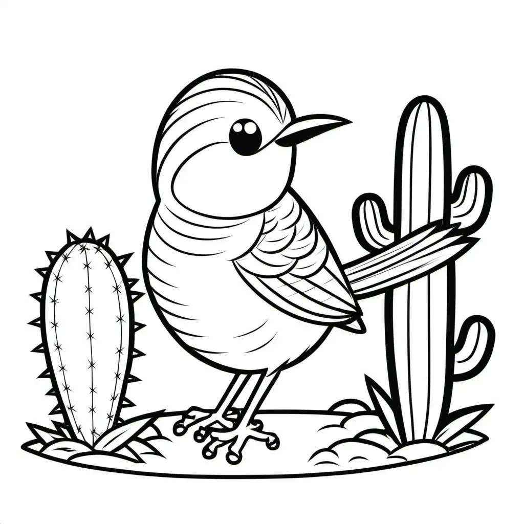 A cartoon illustration in black and white line art, of  a Cactus Wren. The style is cute Disney with soft lines and delicate shading. Coloring Page, black and white, line art, white background, Simplicity, Ample White Space. The background of the coloring page is plain white to make it easy for young children to color within the lines. The outlines of all the subjects are easy to distinguish, making it simple for kids to color without too much difficulty, Coloring Page, black and white, line art, white background, Simplicity, Ample White Space. The background of the coloring page is plain white to make it easy for young children to color within the lines. The outlines of all the subjects are easy to distinguish, making it simple for kids to color without too much difficulty