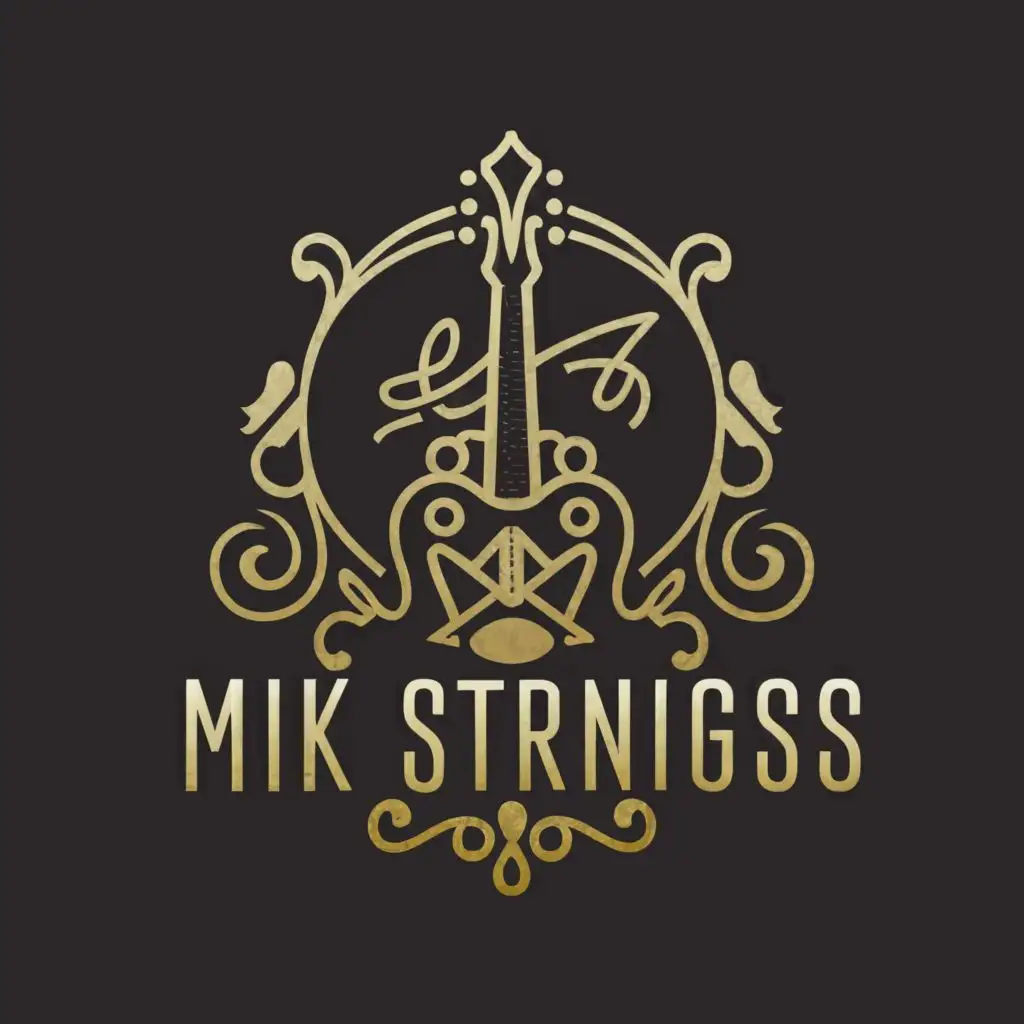 a logo design,with the text "MIK STRINGS", main symbol:LEAD GUITAR,complex,clear background