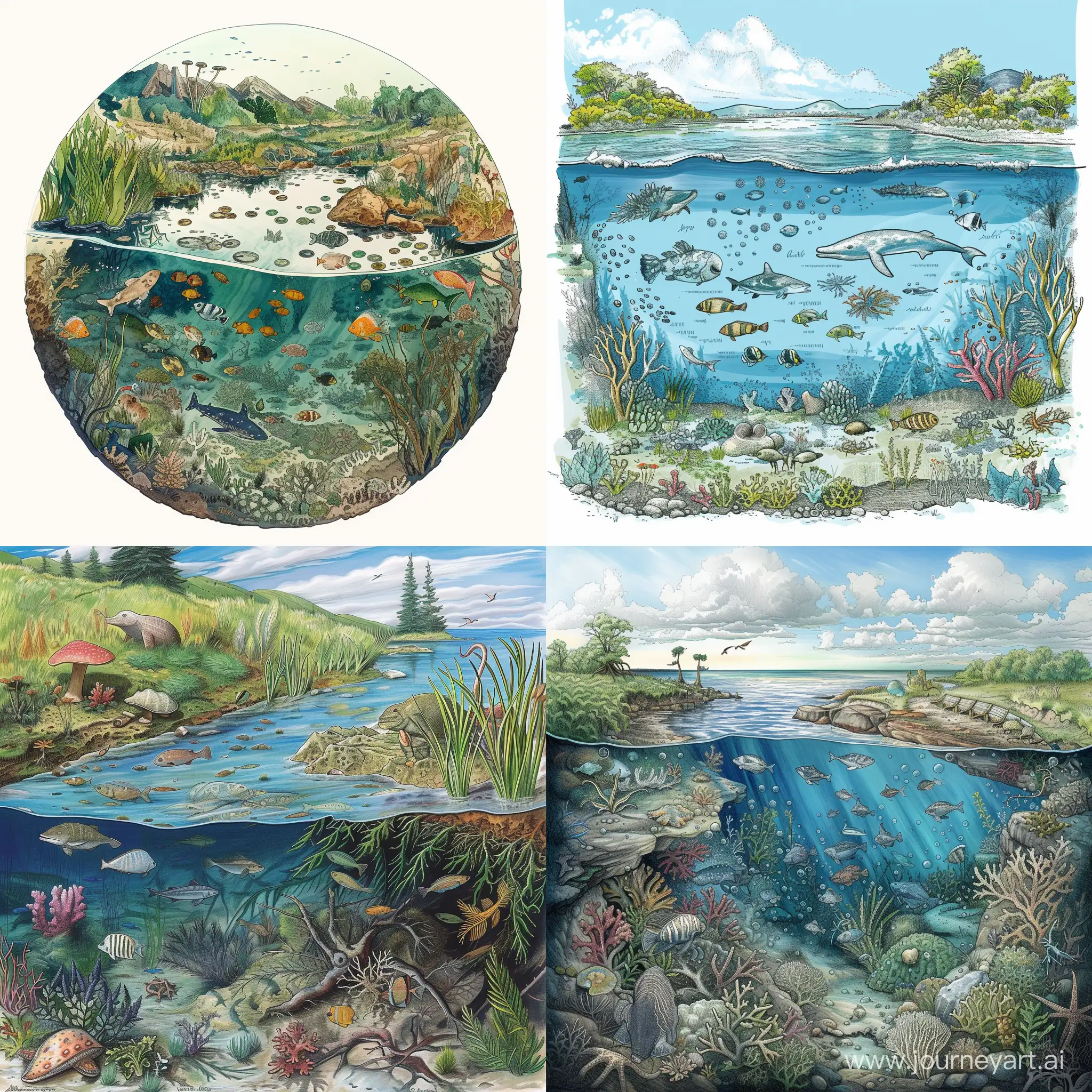 «Мир воды» - рисунки, изображающие водные экосистемы и их обитателей, и затрагивающие проблемы охраны водных ресурсов планеты.