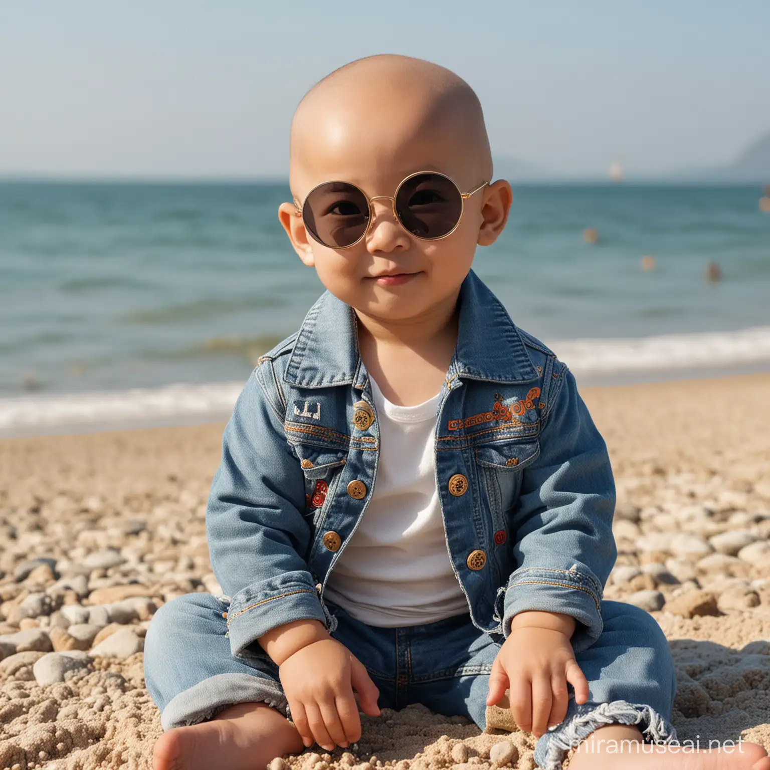 seorang bocah asia umur 3 tahun botak memakai kaca mata hitam bulat boboho,jaket jeans dan celana jeans sedang duduk di tepi pantai pagi hari,dan sangat detail, sangat jernih, resolusi tinggi, penuh warna.