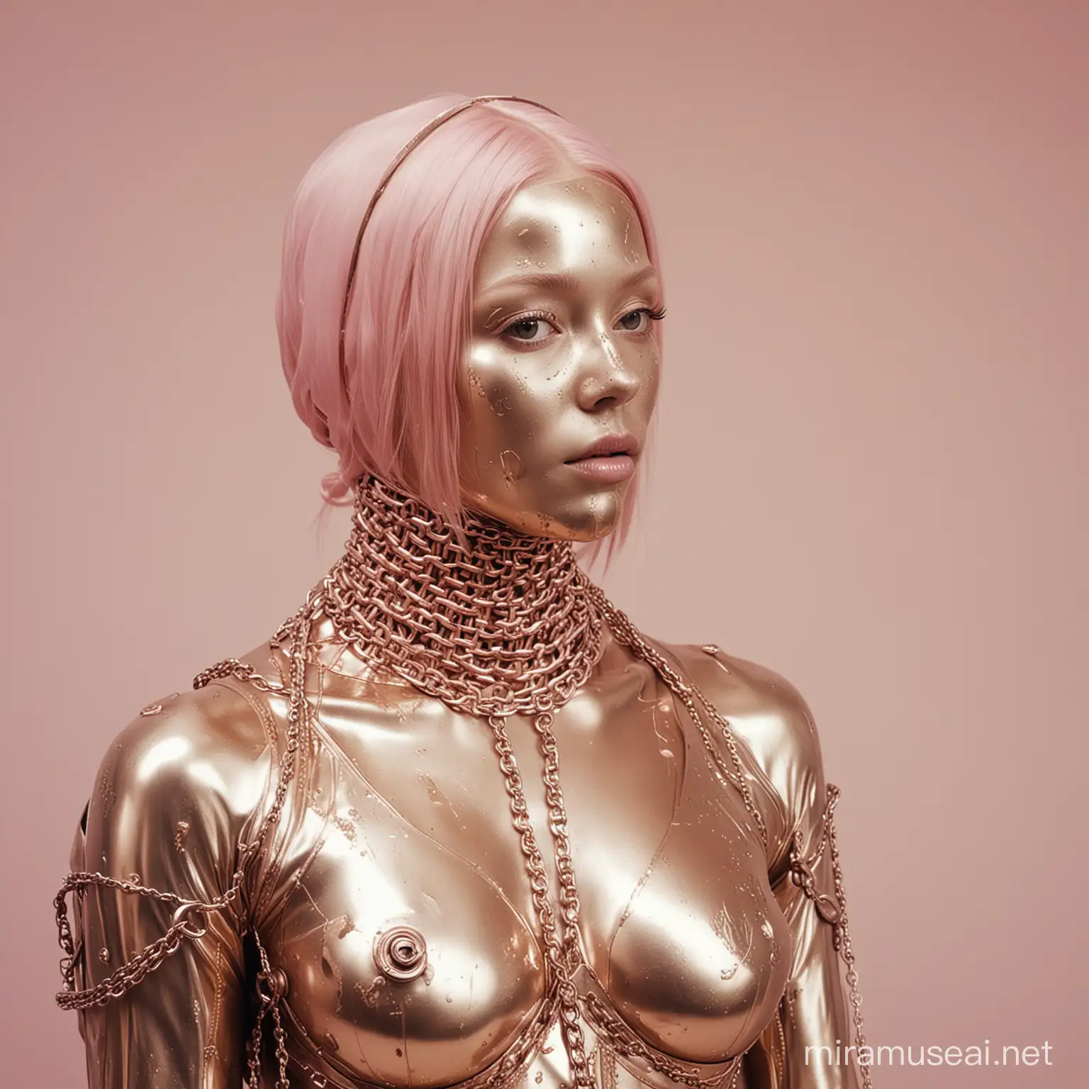 a person in a metal suit with a chain, in the style of gum bichromate, camilla d'errico, light bronze and pink, disfigured forms, webcam photography, religious subjects, donna huanca --s 1000 --c 100 --w 1000 --v 5. 2 --style raw --ar 70:87
