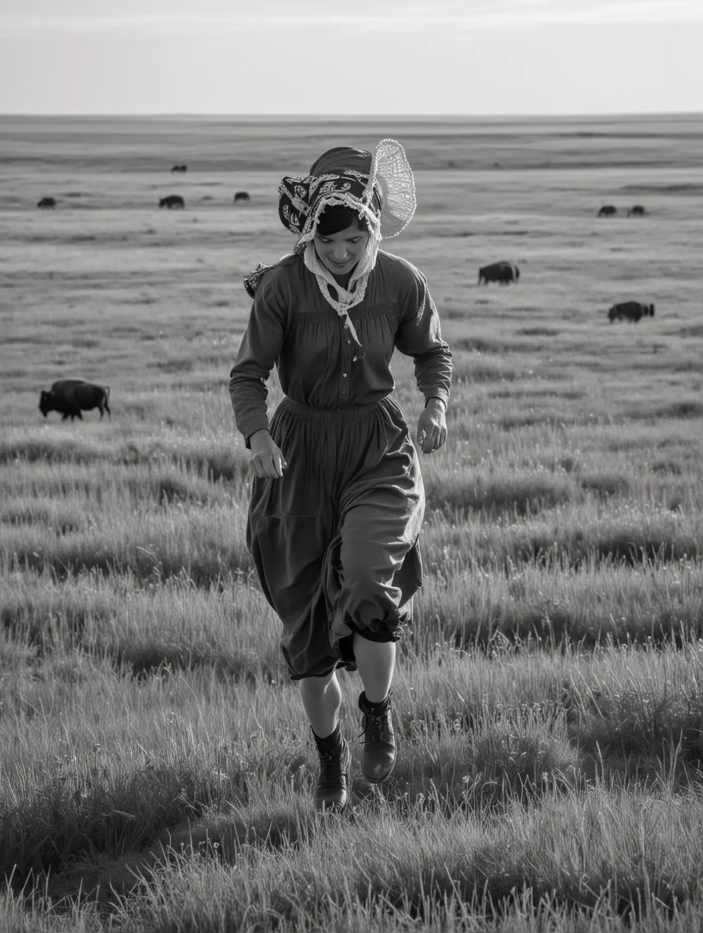 A woman runs through the prairie. She is seen from the side. She is a pioneer and wears a bonnet. here are buffalo in the background.  In black and white. 