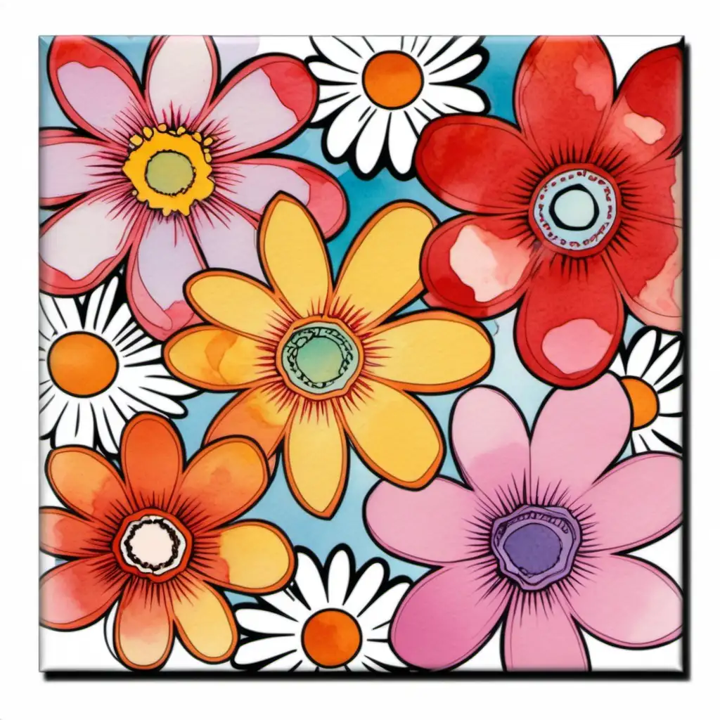 /imagine prompt pastel watercolor Treasure  flowers, larger and patterned with dark edges, spots, rings, and variegated petals, cheerful colors include red, pink, orange, yellow, and white,washed out color, clipart on a white background andy warhol inspired --tile