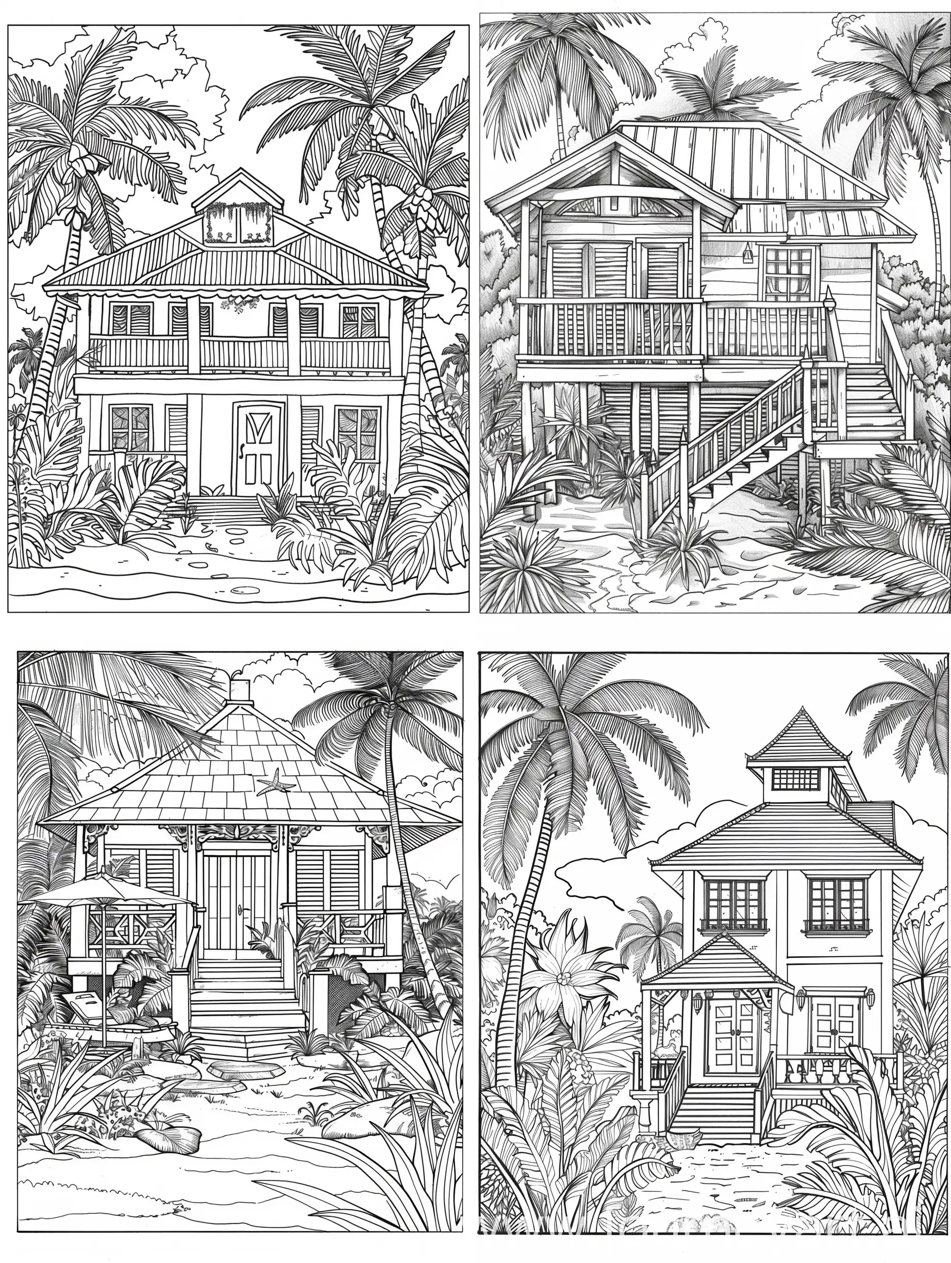 coloring book page, beachfront villa , Black and white, white background