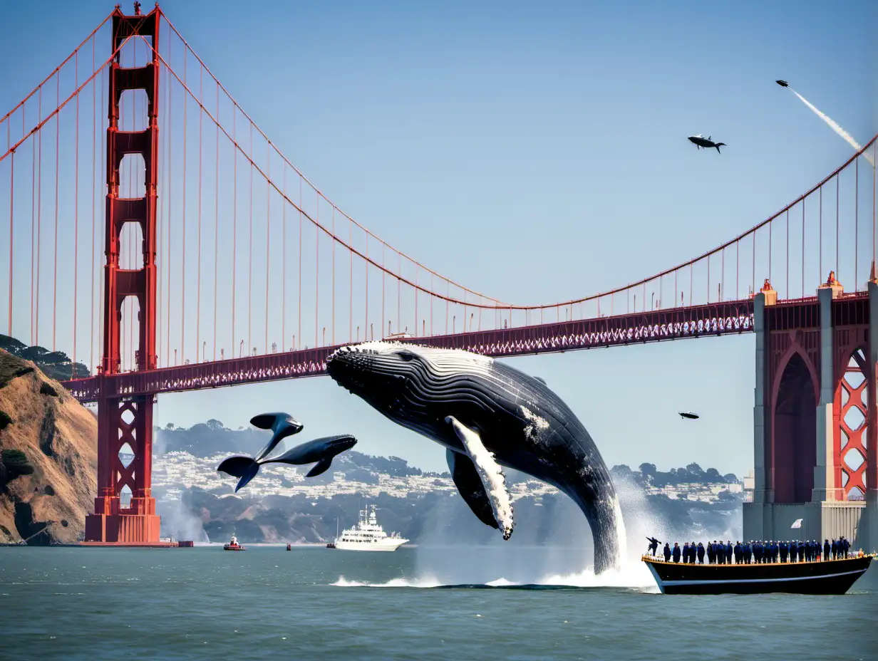 U.S. Navy sailors standing on the San Francisco Bay docks watching giant whales jumping over a sailboat under the Golden Gate Bridge  and Starship Enterprise flying above