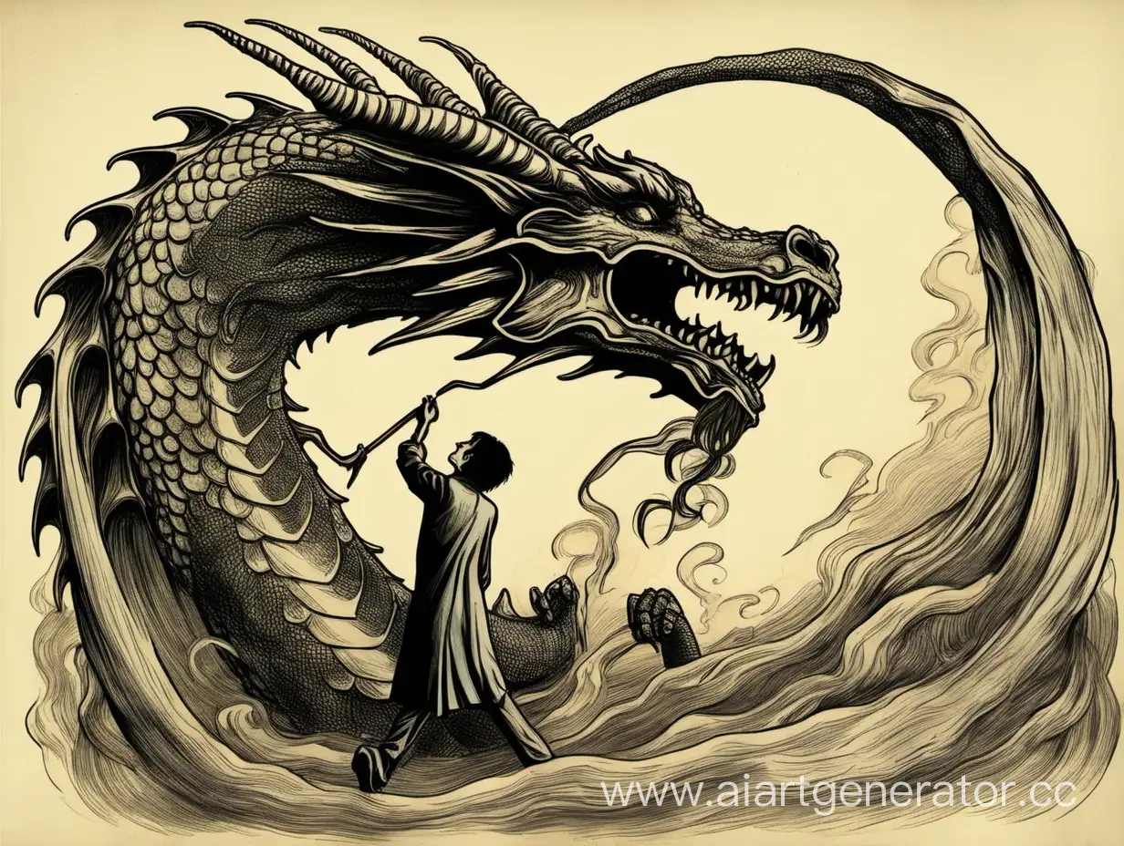 Дракон пожирает человека, рука торчит из пасти дракона
