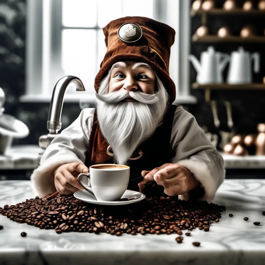 
The photo shows a charming dwarf wearing a pointed hat decorated with coffee beans.  The dwarf, with a white beard and his eyes covered by a cap, focuses on preparing the perfect coffee on the marble counter, creating a magical atmosphere in the morning.  The background of the photo is white, thus emphasizing the cleanliness and freshness of the entire scene.