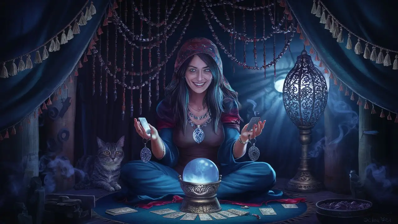Inside a Gypsy fortune teller's tent, crystal ball, Tarot cards, amulets, beaded curtain, hanging metal filigree lamp, tassels, cat, mysterious symbols, curling incense smoke