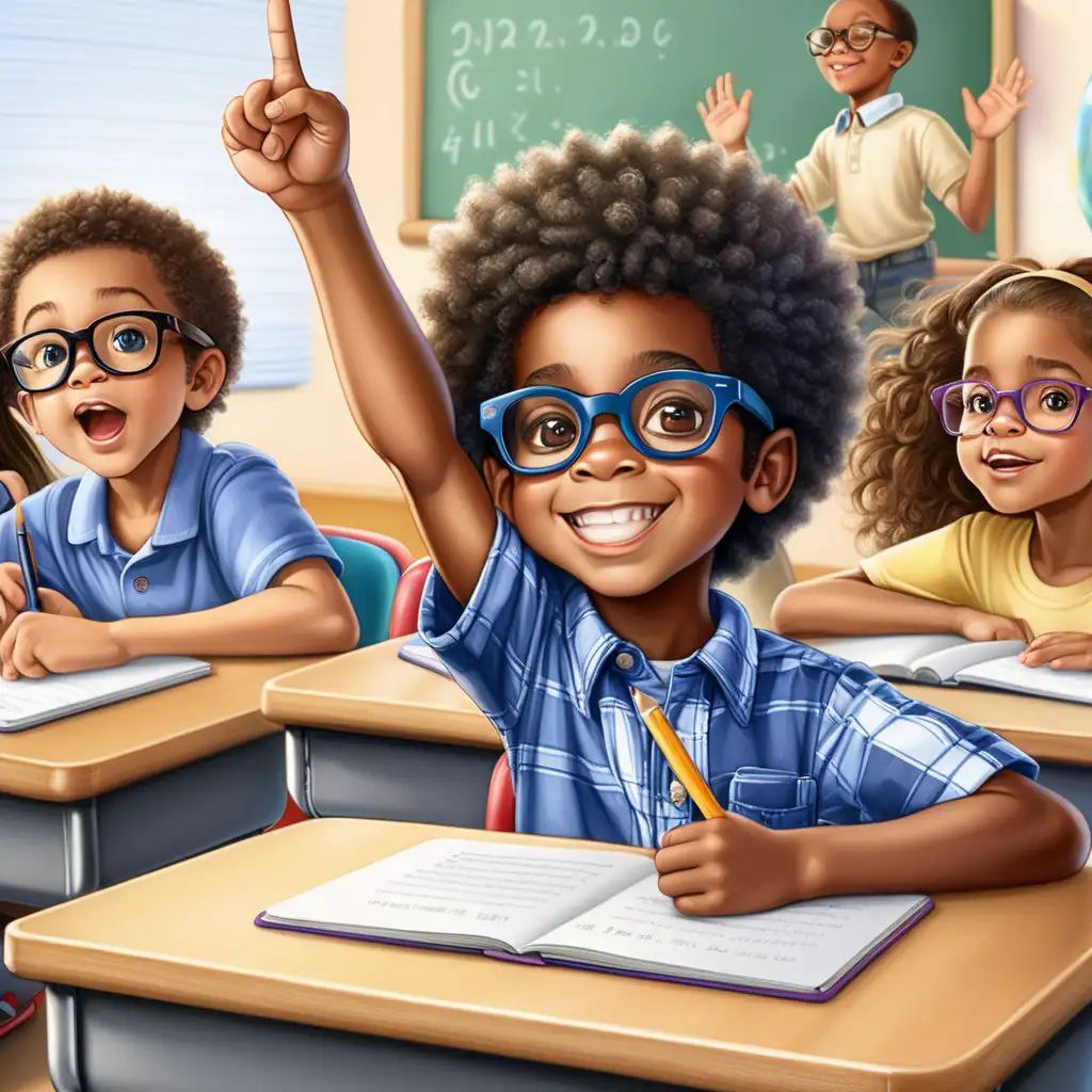 create an image of a 5 year old African American boy with glasses sitting at his desk in class with children of other races he is the only one raising his right hand raised in to answer a question