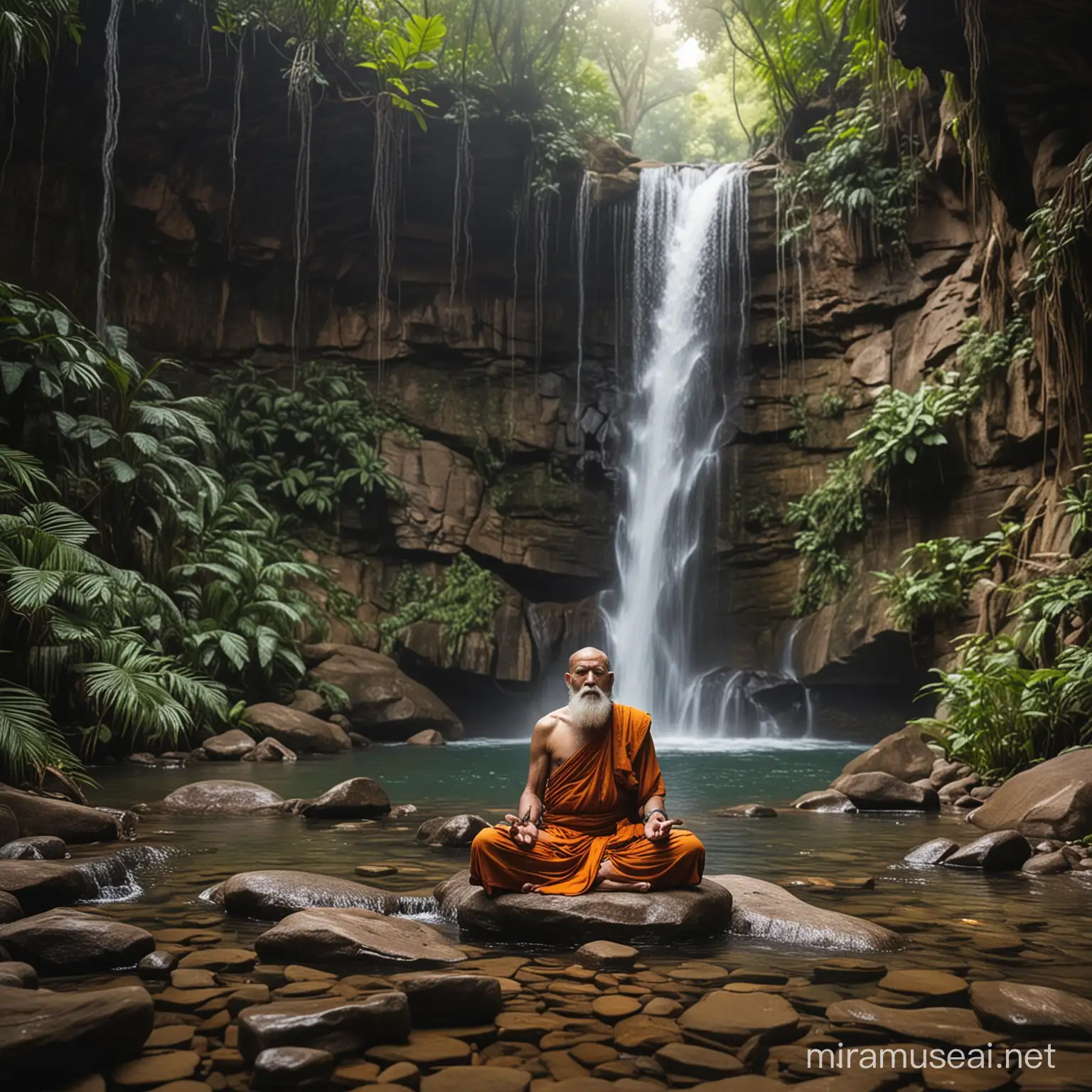 In ancient jungle, an old monk with chakra meditating in a waterfall