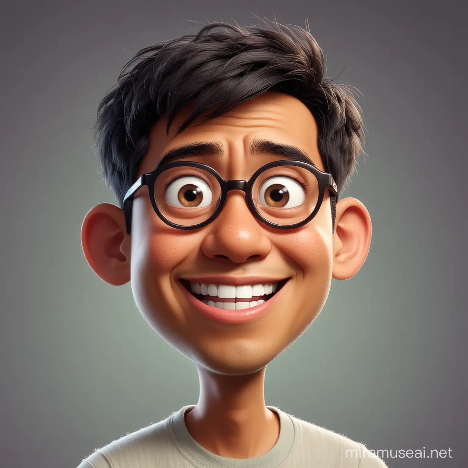 A cartoon caricature of An Indonesian man, wearing glasses, short thin hair,  and making funny faces in the style of Pixar.
