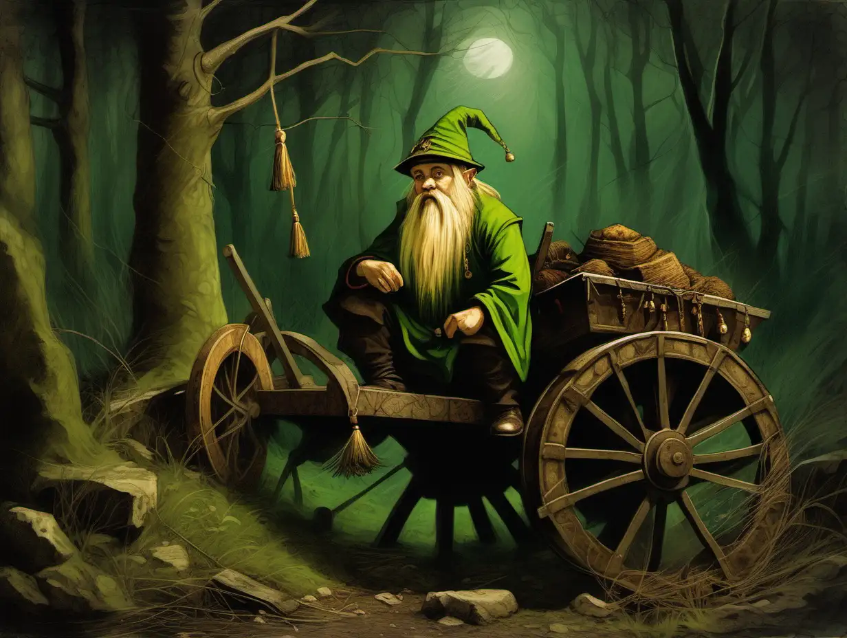  broken merchant cart, broken wheel, dwarf merchant, very short blond beard, green brown, fez hat with tassels, standing, forest clearing, night, Medieval fantasy painting