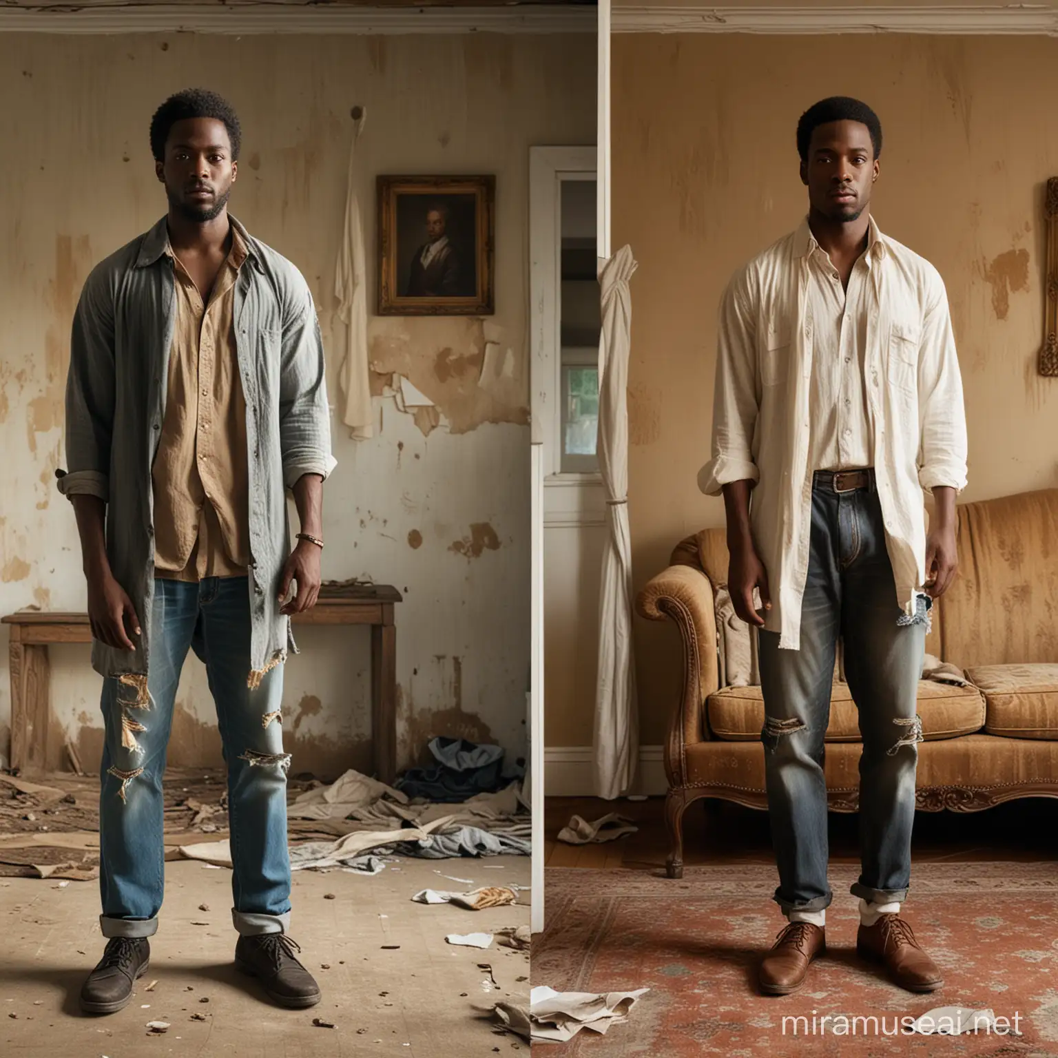 Create a split-image of an African American man, showcasing two contrasting lifestyles. On the left side, depict him in a humble setting, dressed in worn-out and torn clothes, standing in a modest living space. On the right side, show him in a luxurious environment, wearing elegant, expensive attire, standing in an upscale living room. Emphasize the transformation from poverty to wealth in a single individual.