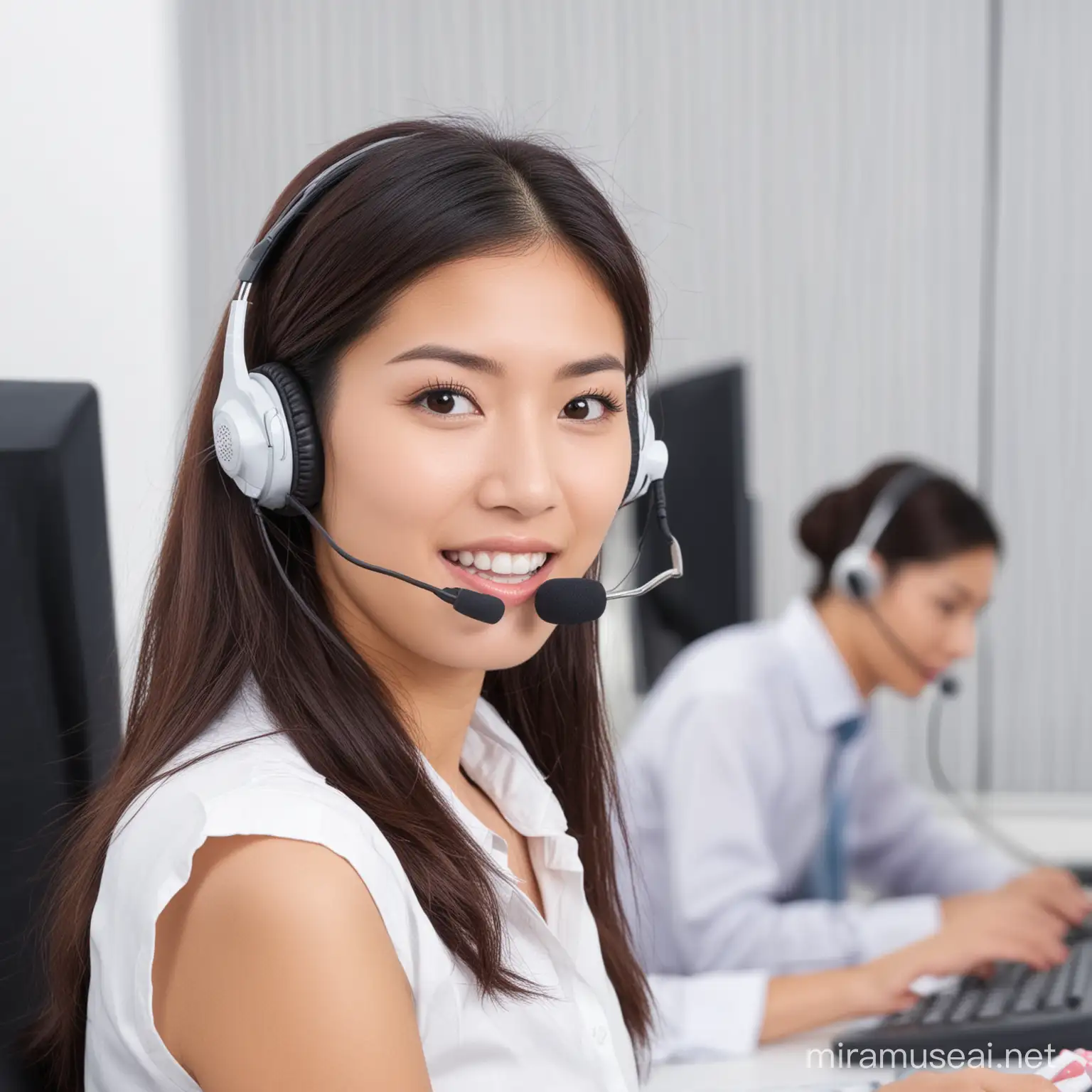 Asian Female Call Center Representative in Modern Office Environment