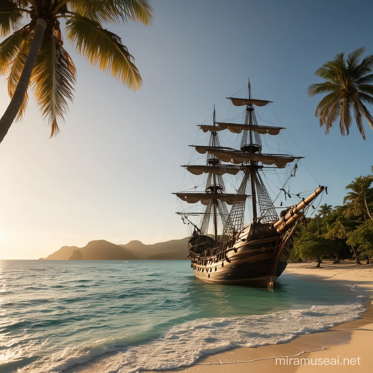 Pirate Ship Anchored in Tropical Island Bay at Sunset