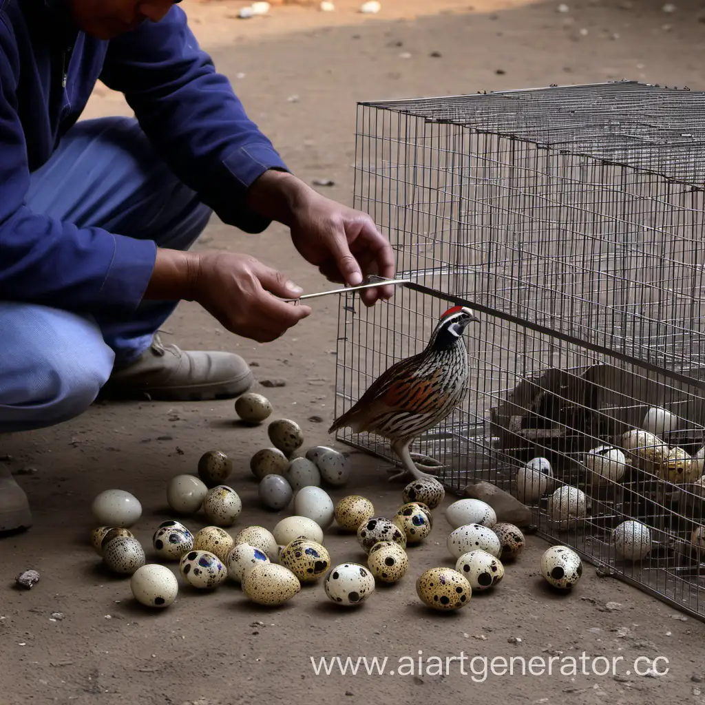 Работник собирает перепелиные яйца из клетки где живут перепелки.
