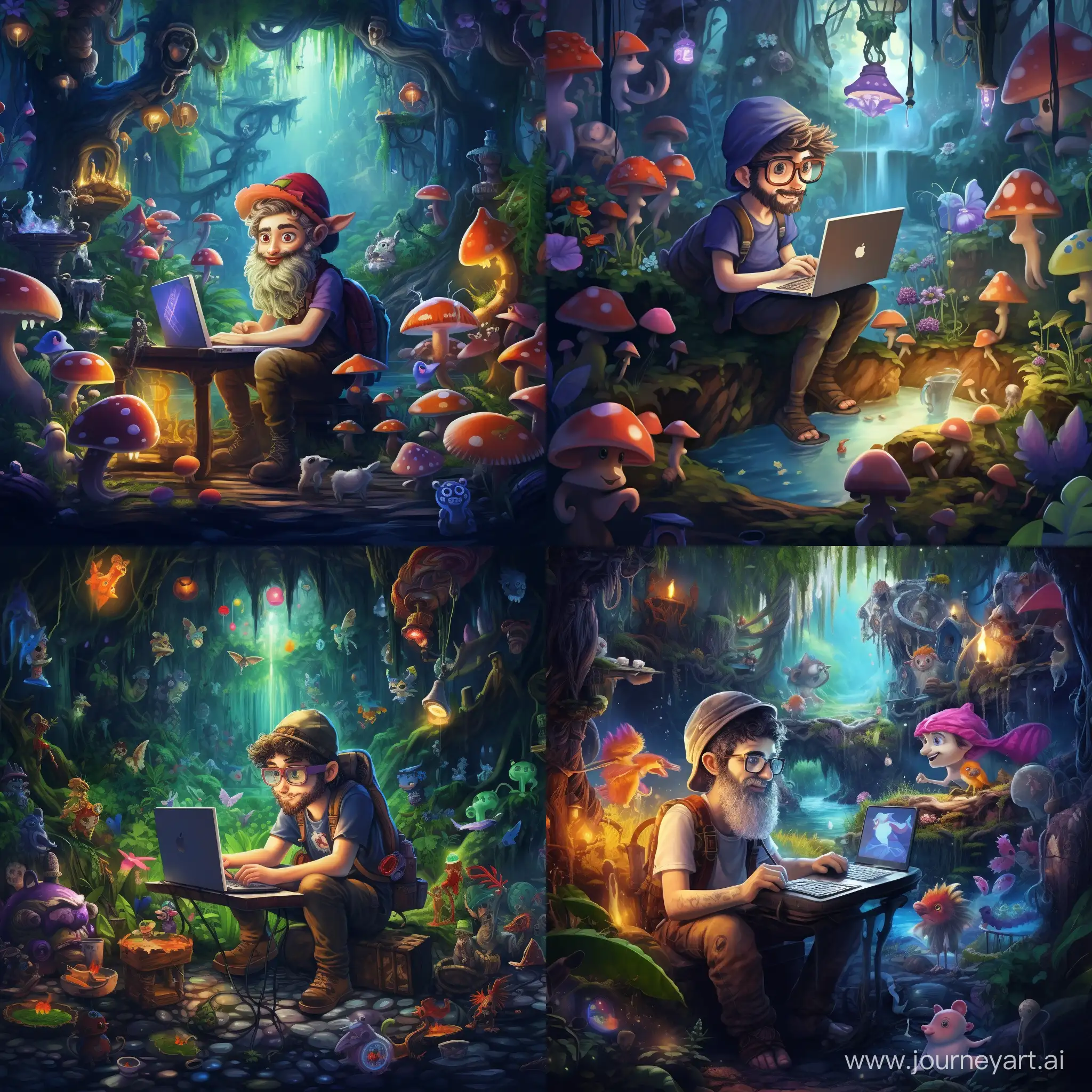 Компьютерный гений пишет код сидя за ноутбуком в прекрасном сказочном лесу, его окружает множество его помощников сказочных гномов хакеров