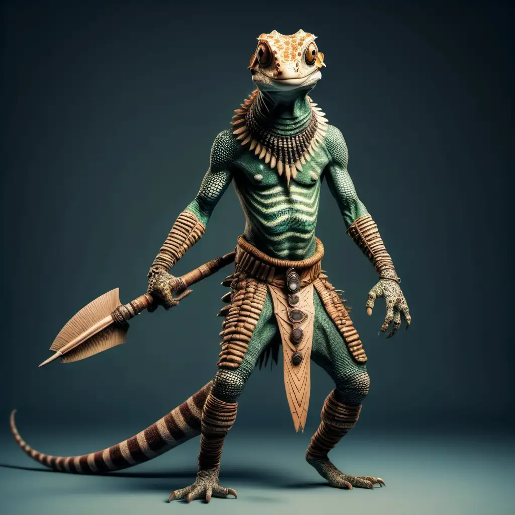 реалистичный  гекон мужского пола охотник одета как африканский первобытный воин тело ящерицы  в  полный рост