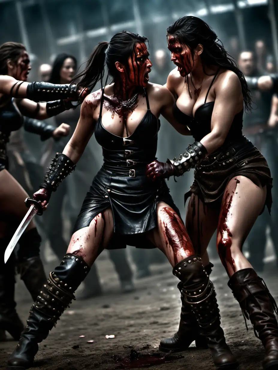 (cinematic lighting), in the world of movie 300, 2 Voluptuous beautiful women fighting with each other, pretty face, half naked, fierce fight, blood on the body, leather studded boots, intricate details, detailed face, detailed eyes, hyper realistic photography